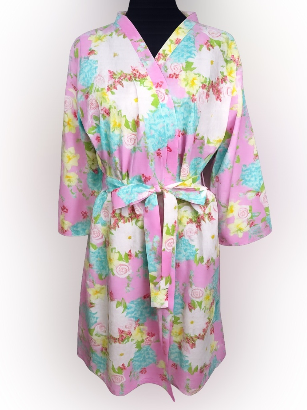 The Paisley Box Pink Multi-Floral Cotton Kimono Robe Size Small